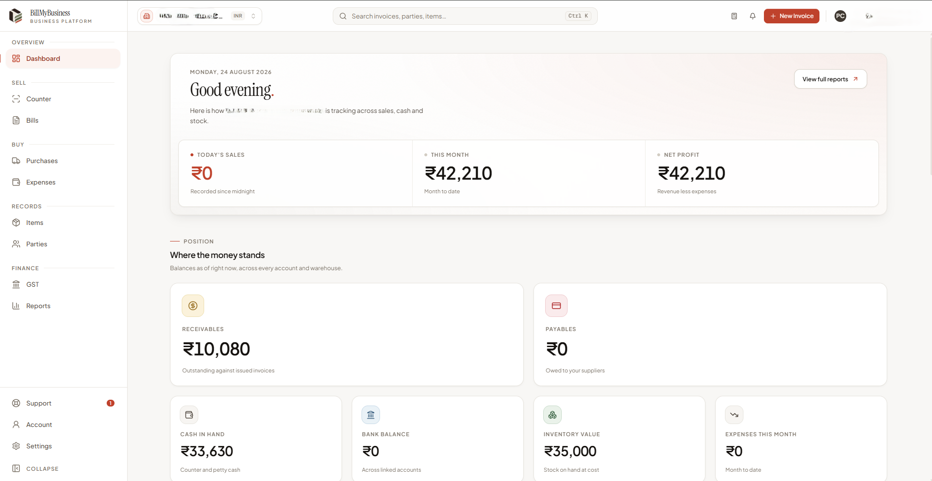 The BillMyBusiness dashboard: today's sales, month to date, net profit, receivables, payables, cash in hand and inventory value.